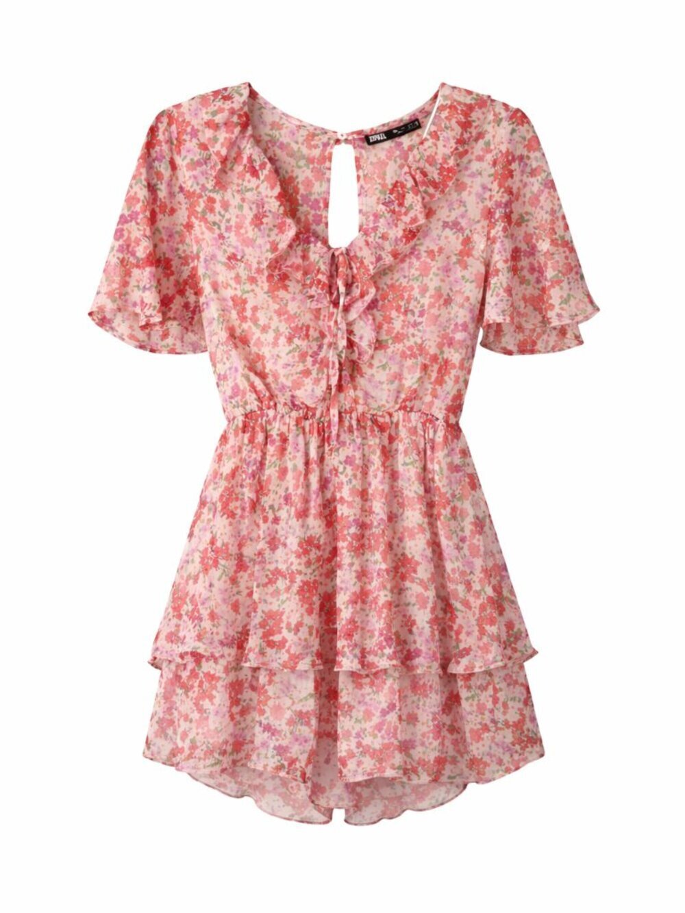Zara Floral Romper Pink Red Ruffle Boho Cottagecore Tie Front Mini Dress S